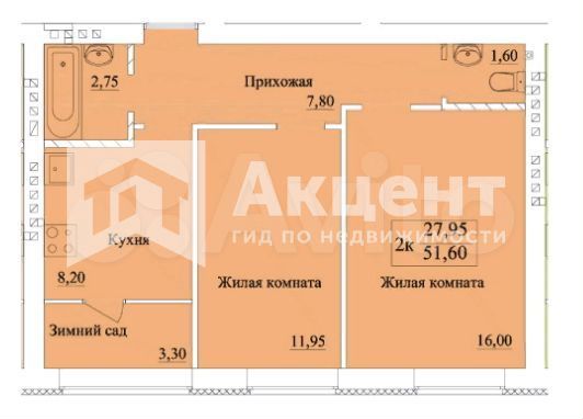 2-к. квартира, 51,6 м², 3/3 эт.