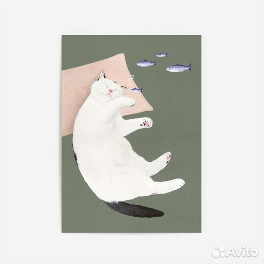 Постер с котиком и рыбками