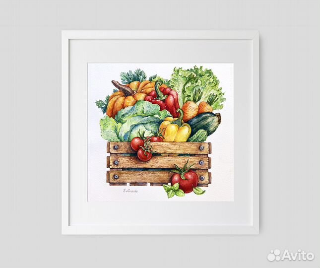 Картина акварель 23х23см Ящик с овощами