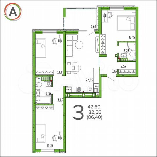 3-к. квартира, 86,4 м², 13/17 эт.