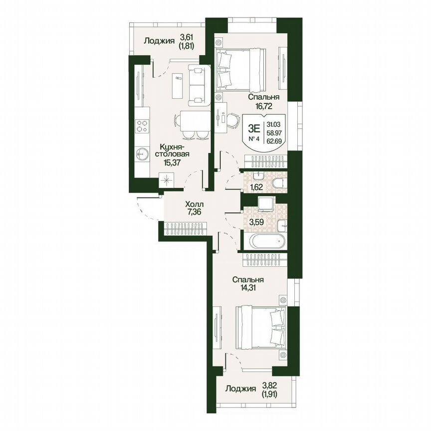 3-к. квартира, 62,7 м², 2/4 эт.