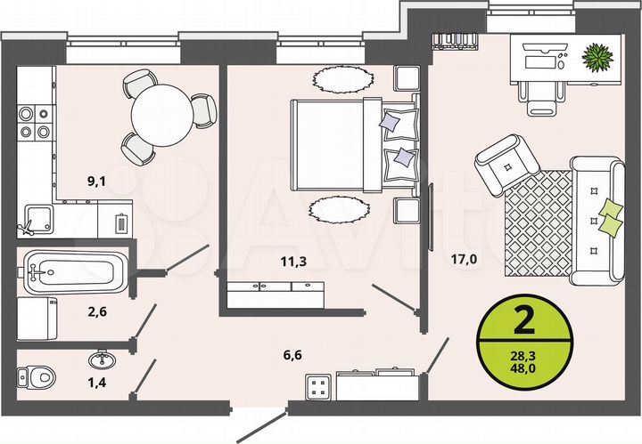 2-к. квартира, 48 м², 2/3 эт.