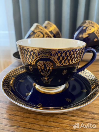 Чайная пара Золотой лотос Кобальт времен СССР