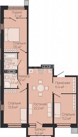 3-к. квартира, 81,8 м², 12/13 эт.