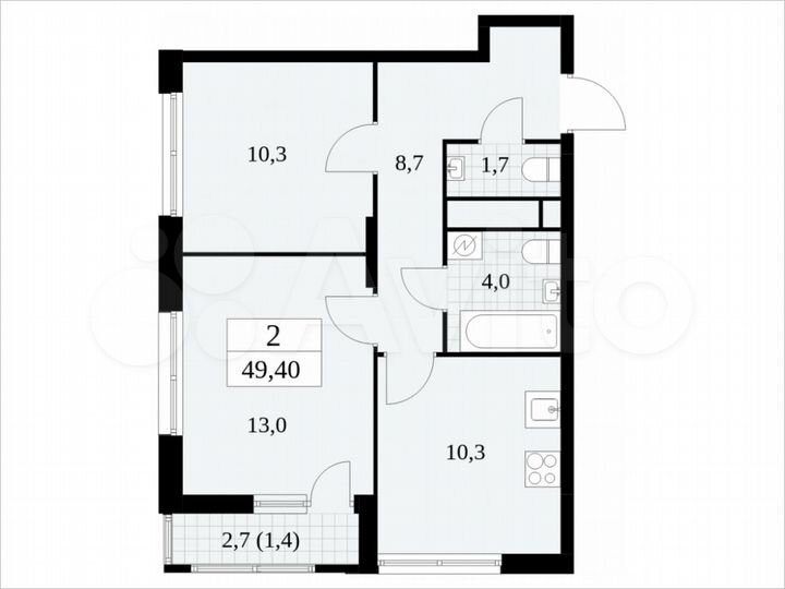 2-к. квартира, 49,4 м², 16/30 эт.