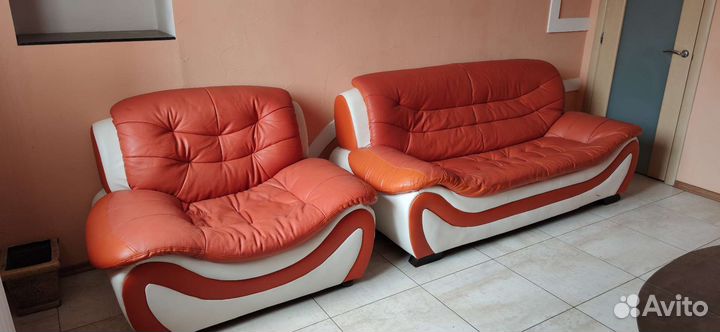 Кресло мини диван экокожа широкое оранжевое