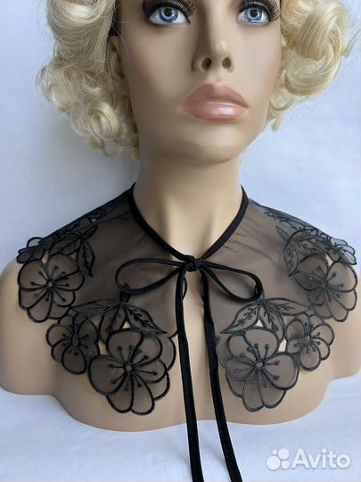 Съемный воротничок черный органза вышивка