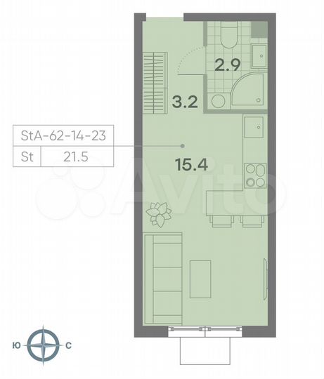 Квартира-студия, 21,5 м², 14/23 эт.