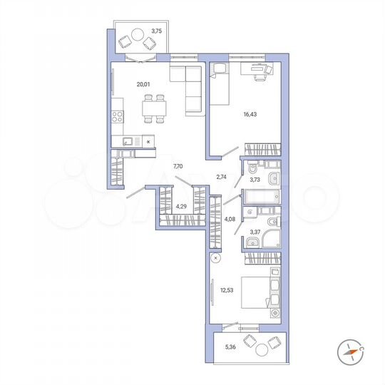2-к. квартира, 79,4 м², 3/9 эт.
