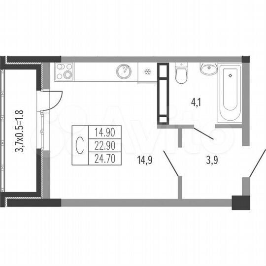 Квартира-студия, 25,1 м², 7/17 эт.