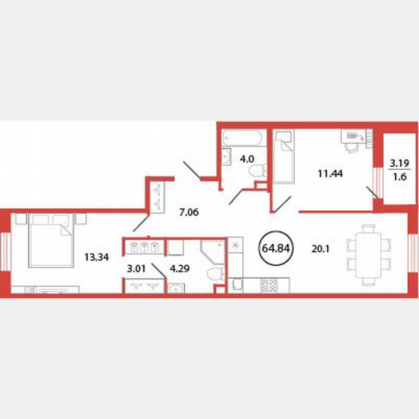 2-к. квартира, 64,8 м², 2/12 эт.