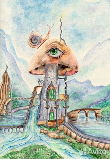 Картина акварелью Лесной пейзаж с грибом