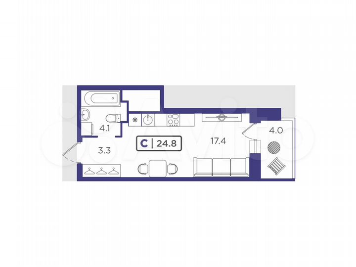 Квартира-студия, 24,8 м², 4/24 эт.