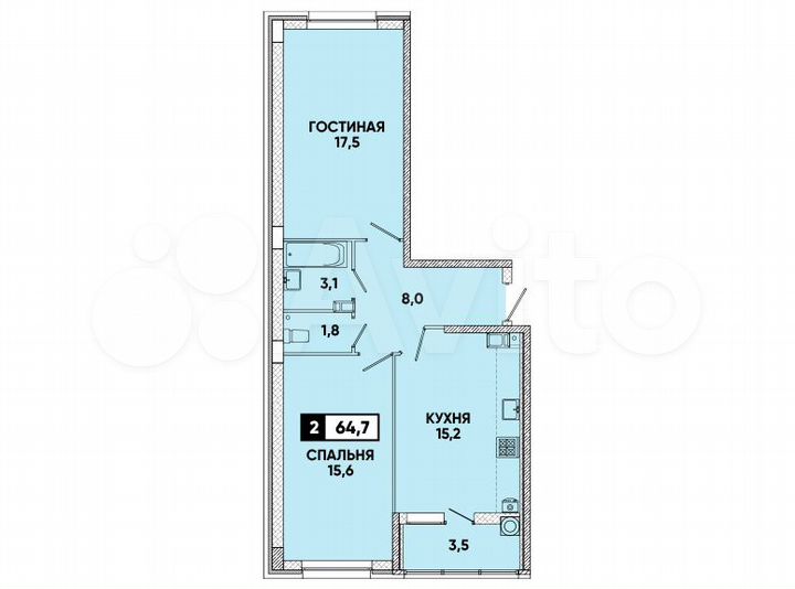 2-к. квартира, 65 м², 9/9 эт.