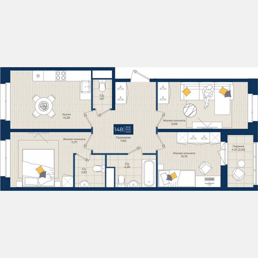 3-к. квартира, 72,1 м², 11/12 эт.