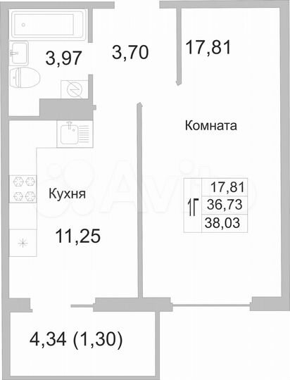 1-к. квартира, 37,6 м², 2/9 эт.