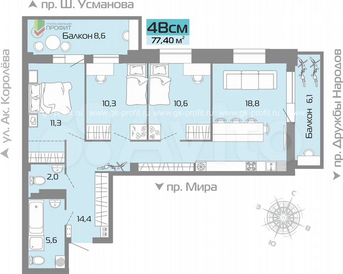 4-к. квартира, 77,4 м², 10/19 эт.