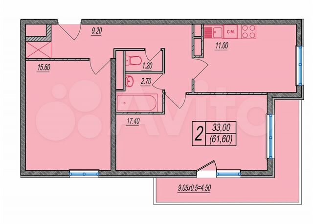 2-к. квартира, 61,6 м², 12/12 эт.