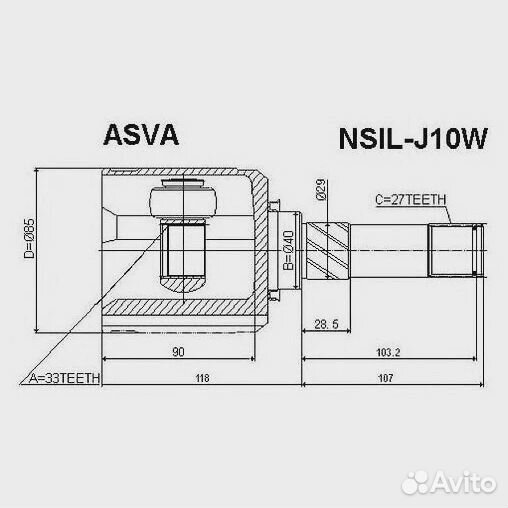 ШРУС внутренний левый 33x40x27 Asva nsil-J10W