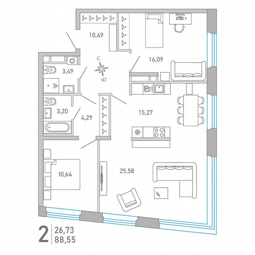 2-к. квартира, 88,6 м², 6/10 эт.