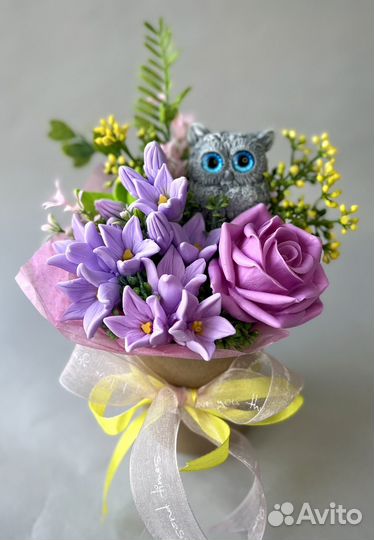 Букет цветов из мыла с совушкой