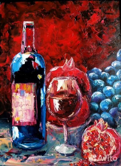 Натюрморт маслом, с вином и фруктами
