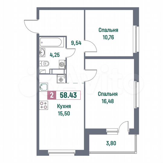 2-к. квартира, 58,4 м², 15/16 эт.