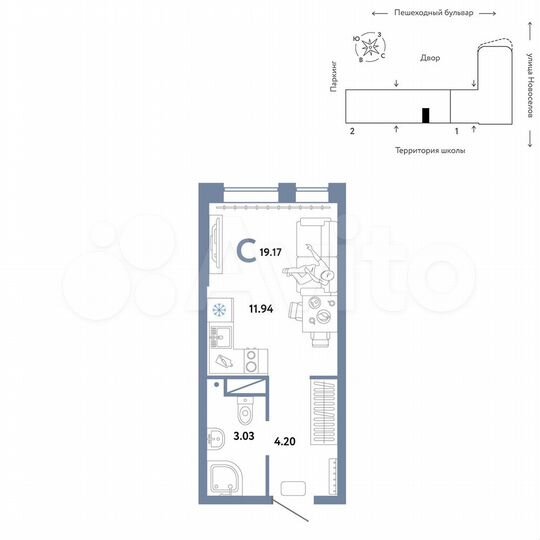 Квартира-студия, 19,2 м², 8/16 эт.