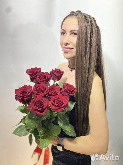 9 красных роз 80 см