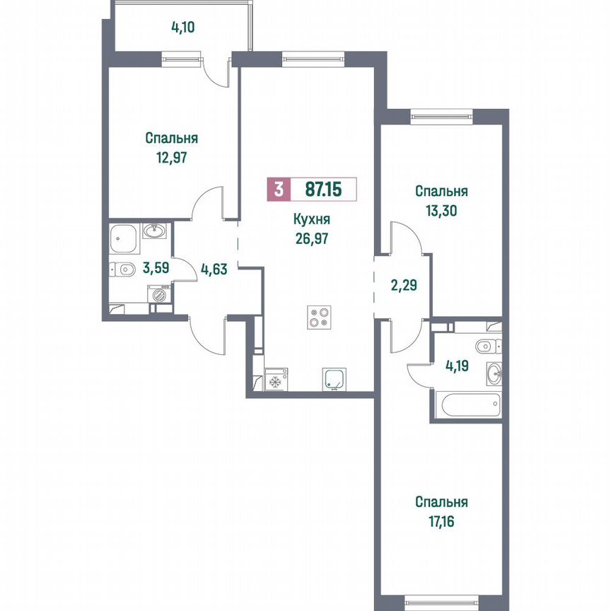 3-к. квартира, 87,2 м², 10/16 эт.