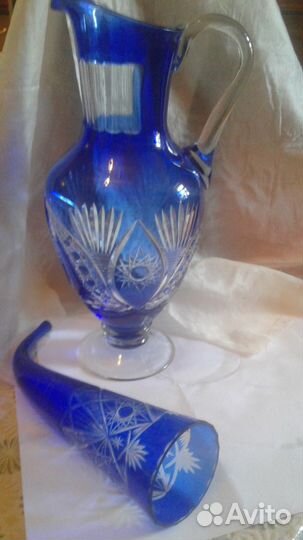 Хрусталь синий кувшин ваза рог Чехия гдр Винтаж