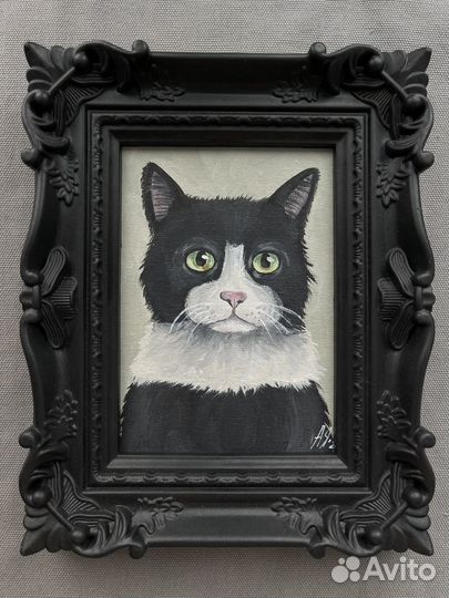 Картина Черно-белый котик 10х15 холст