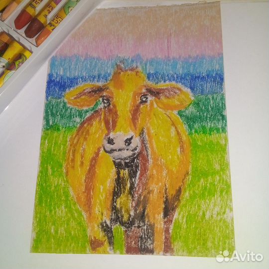 Картина пастель лето корова кухня