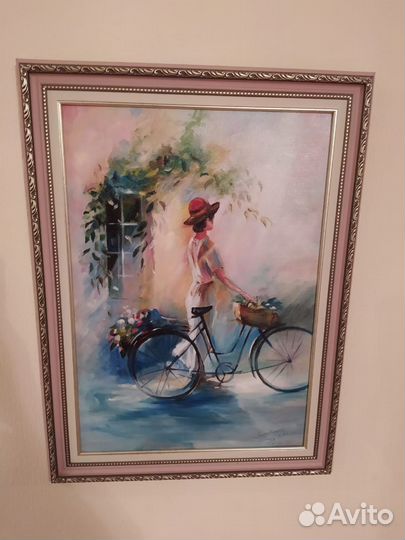 Картина маслом на холсте. Девушка с велосипедом