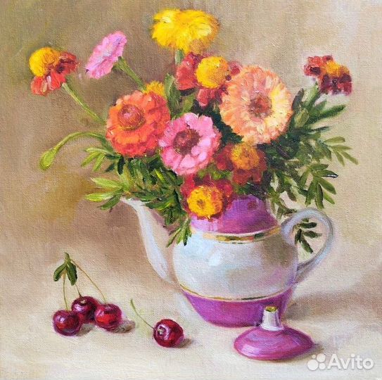 Картина с цветами и вишней маслом 30х30