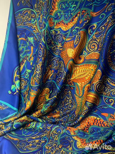 Платок Hermes/Эрмес,130х130,принт птицы синий