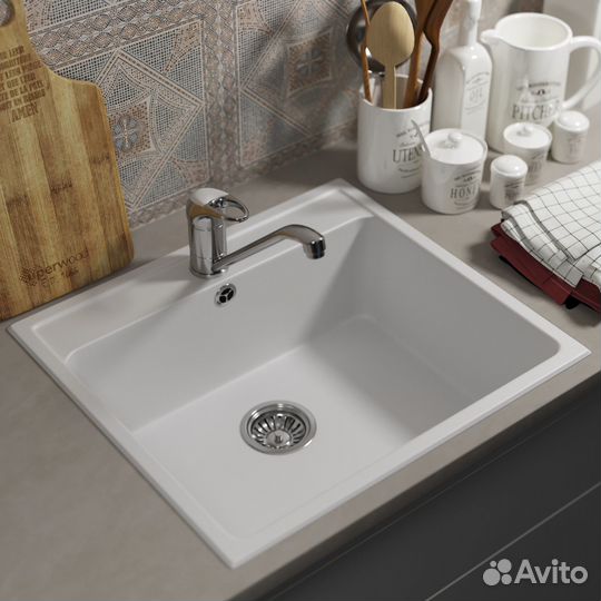 Кухонная мойка из искусственного камня прямоугольная, цвет туман