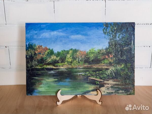 Картина с березами прудом Пейзаж озеро Лес Этюд