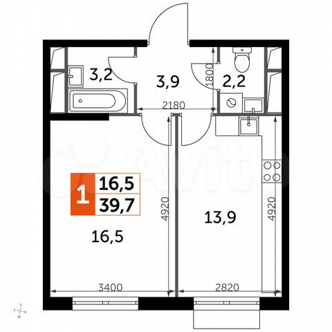 1-к. квартира, 39,7 м², 7/16 эт.