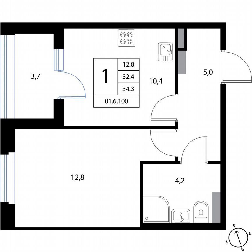 1-к. квартира, 34,3 м², 3/3 эт.