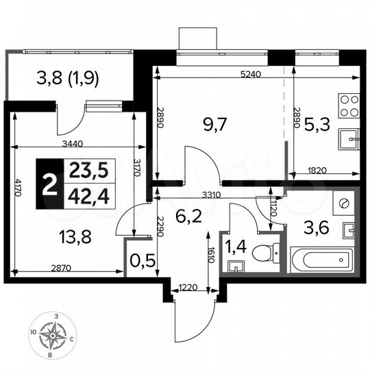 2-к. квартира, 42,4 м², 15/24 эт.