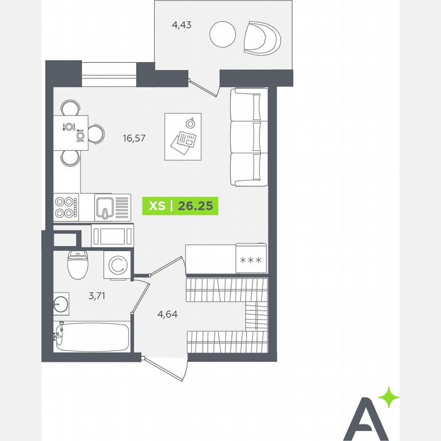Квартира-студия, 26,3 м², 12/12 эт.