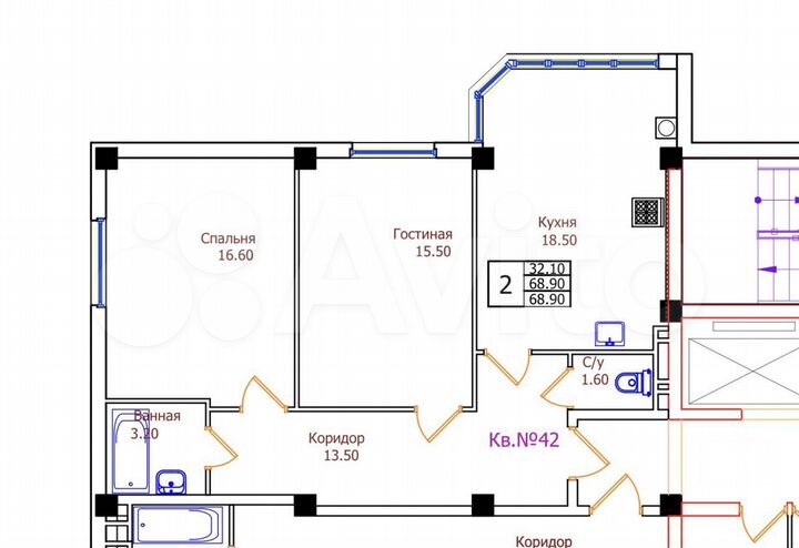 2-к. квартира, 68,9 м², 7/8 эт.