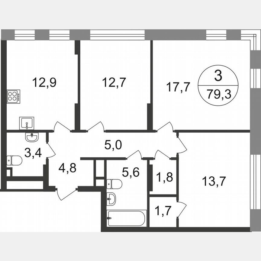3-к. квартира, 79,3 м², 1/17 эт.