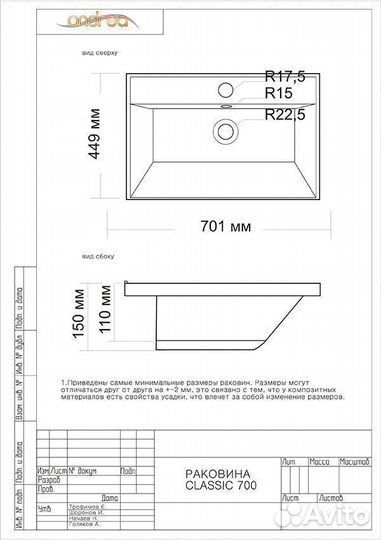 Раковина накладная 70 см - Andrea Classic 700