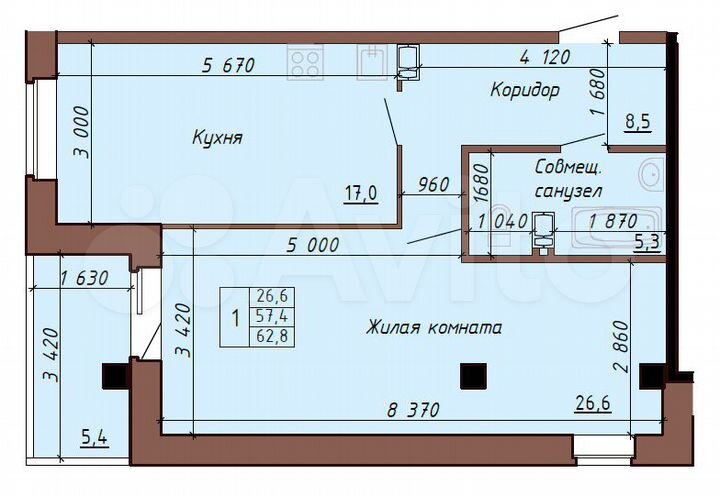 1-к. квартира, 60,1 м², 4/9 эт.