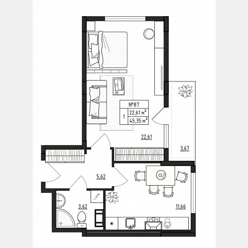 1-к. квартира, 45,4 м², 2/4 эт.