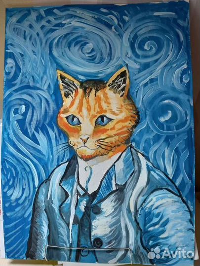Картина маслом Ван Гог с лицом кошки