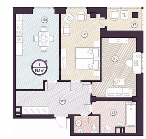 2-к. квартира, 60,8 м², 1/9 эт.