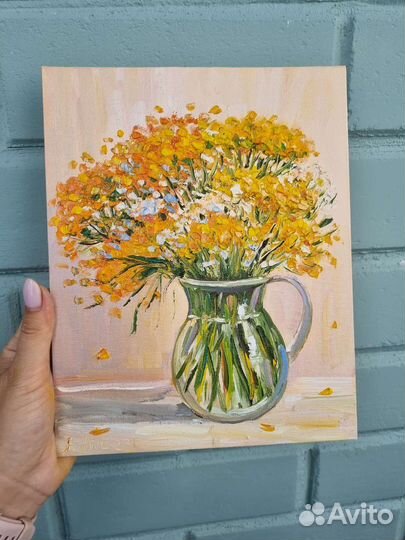 Картина маслом пижма цветы в вазе миниатюра 25х20